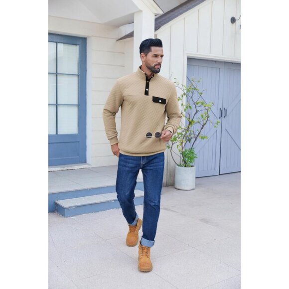 Men's Sweatshirt Quarter Button Pullover Sweatshirt Stand Collar Polo Khaki - Picture 3 of 5